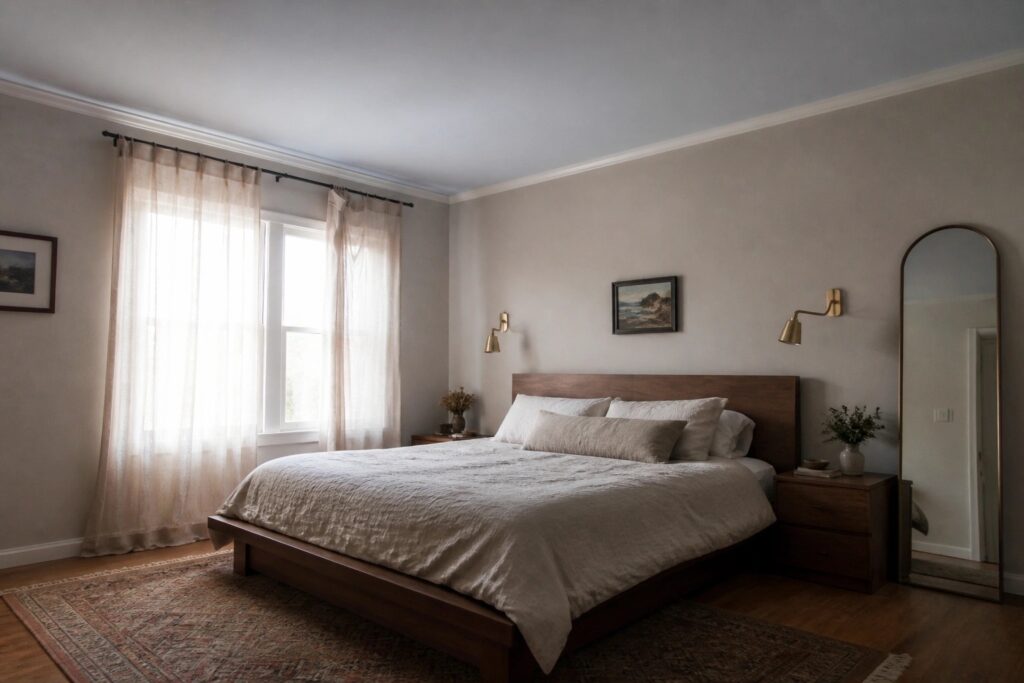 19 Clever Ceiling Paint Ideas for Creating the Illusion of Height A bedroom with a pale blue gray ceiling above warmer gray walls.