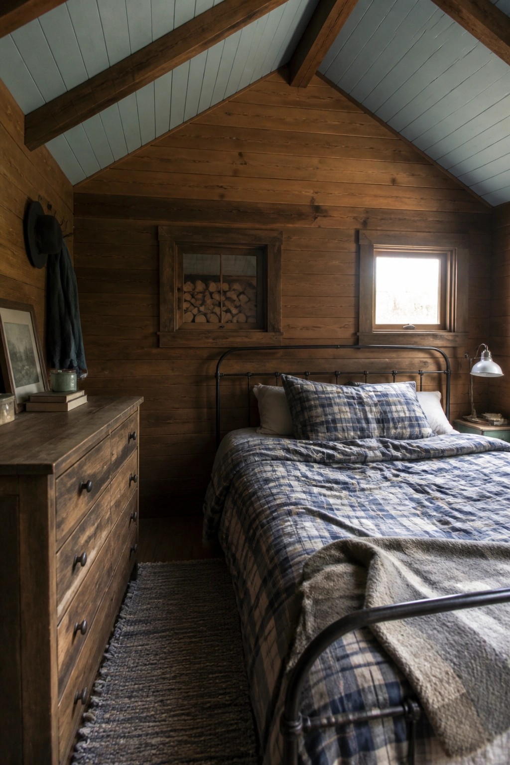 A bedroom with a light blue-gray ceiling and dark wood walls.