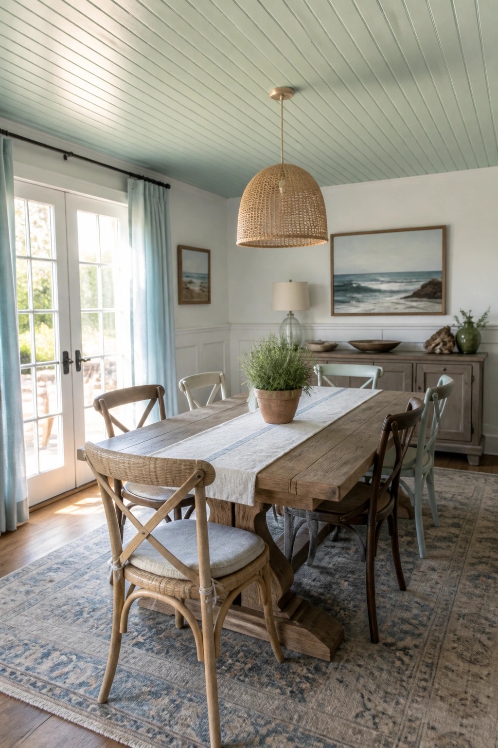 Rustic dining room with wooden table, mixed chairs, woven pendant light, and coastal accents