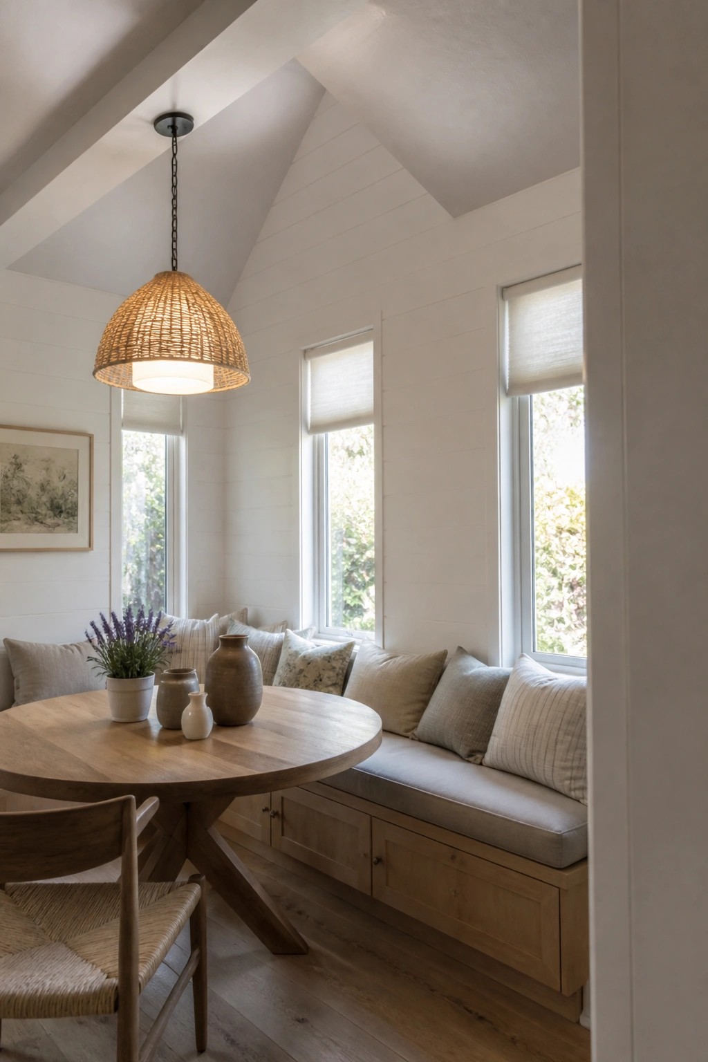 Bright white dining nook with round wooden table, woven pendant light, and cushioned bench seating