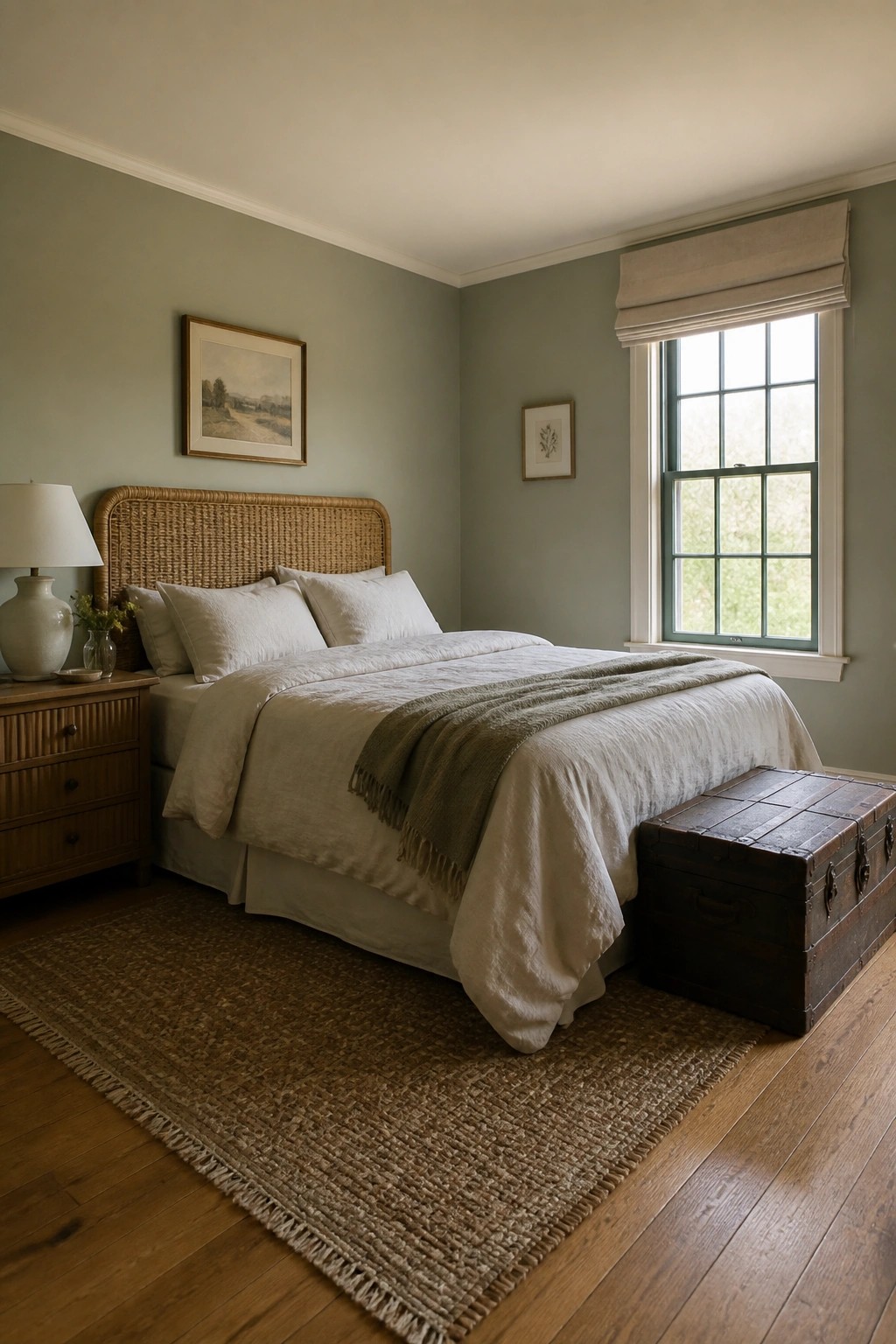 Cozy bedroom with rattan headboard, white linens, olive throw, green walls, and wooden chest.