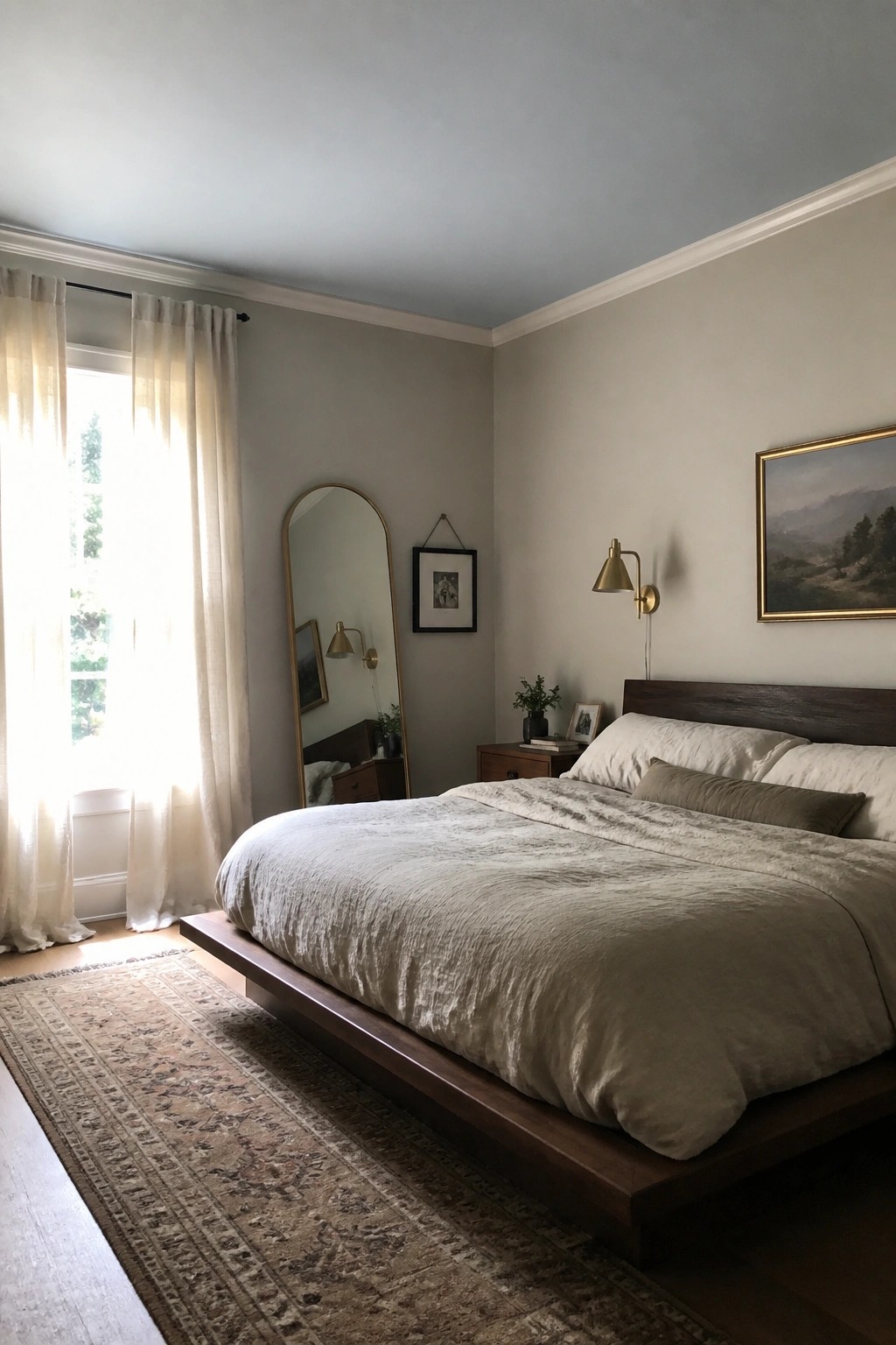 A bedroom with a pale blue gray ceiling above warmer gray walls.