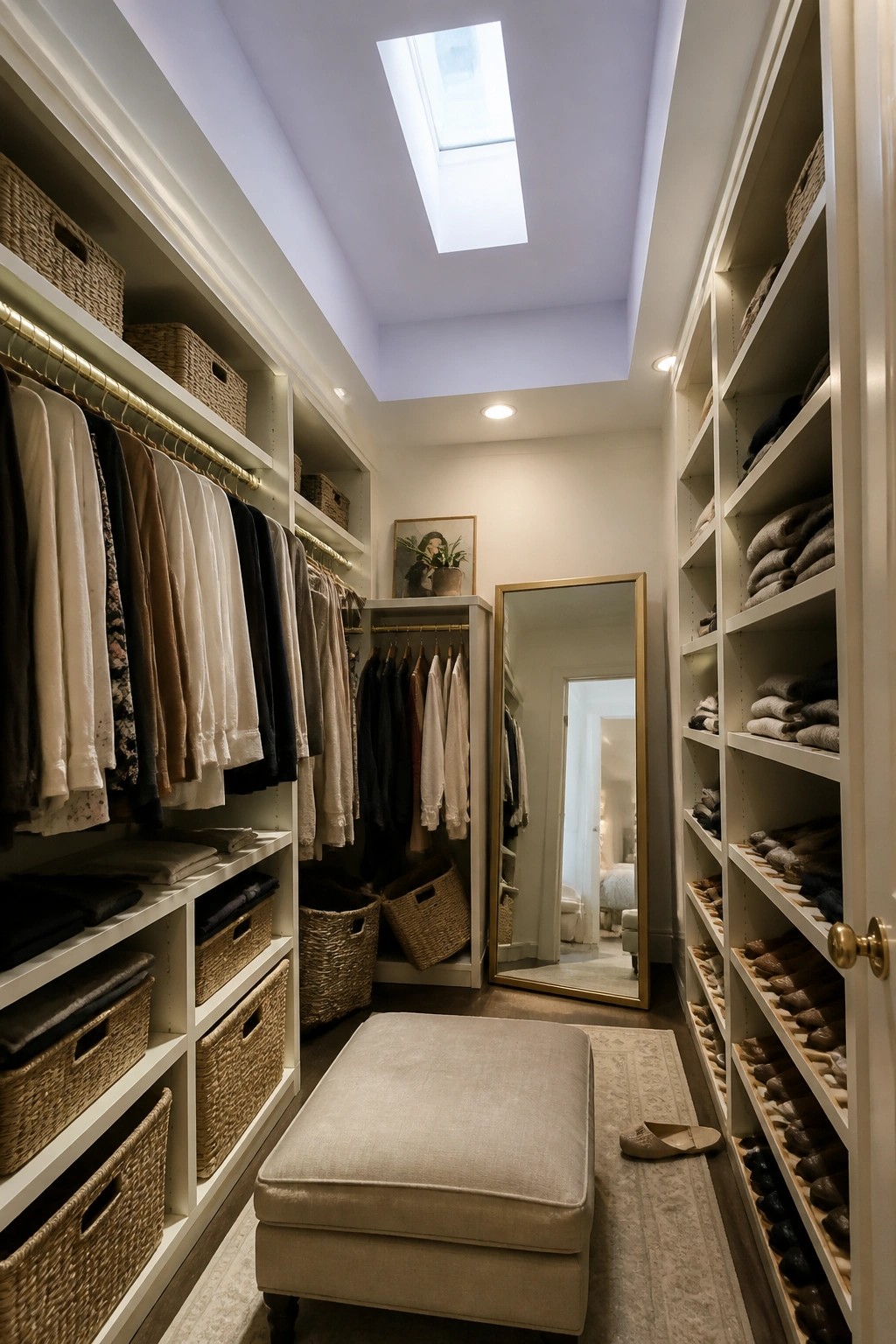 A narrow walk-in closet with white built-in shelves and a pale ceiling lit by a skylight.