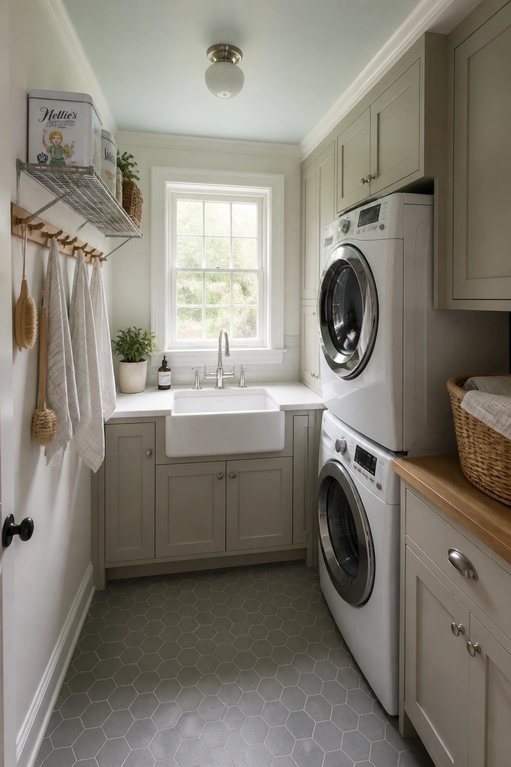 Laundry room with a pale mint ceiling above white walls and gray cabinets.