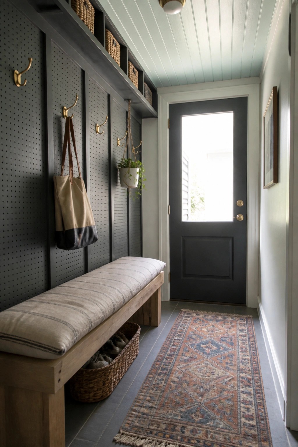A narrow entryway with a pale mint green ceiling and dark built-in storage.