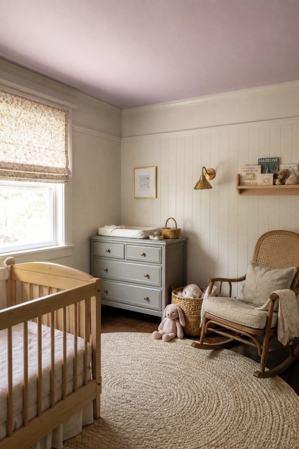 A pale lavender ceiling painted over white wainscoting in a bright nursery.