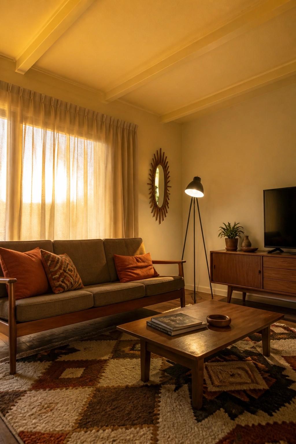 Cozy mid-century living room with brown sofa, orange pillows, and patterned rug