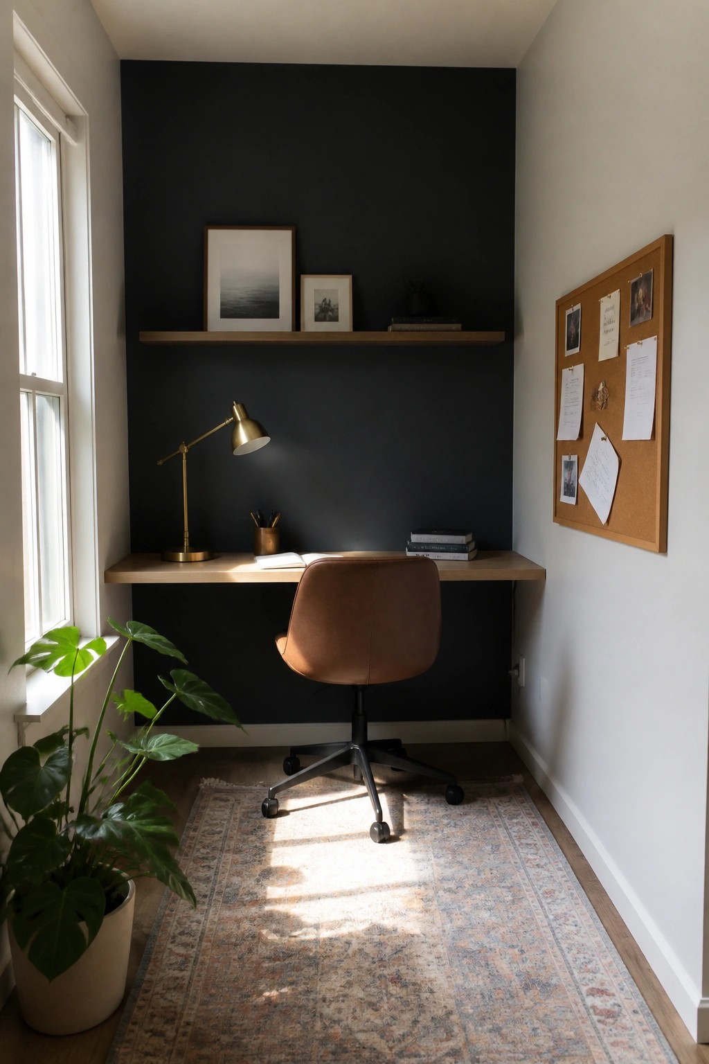 Cozy home office nook with dark wall, brown leather chair, brass lamp, and plant.