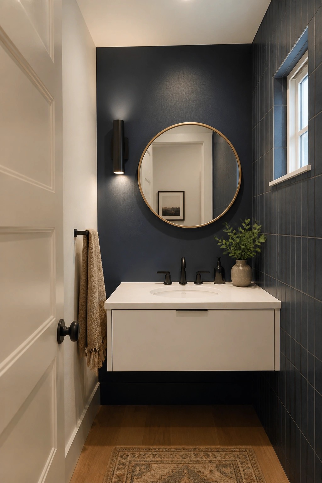 Modern narrow bathroom with white floating vanity, round gold mirror on navy wall.