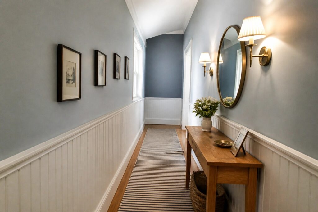 19 Clever Paint Techniques for Visually Widening Narrow Rooms A narrow hallway with pale blue-gray paint above white wainscoting and a striped runner on the floor.