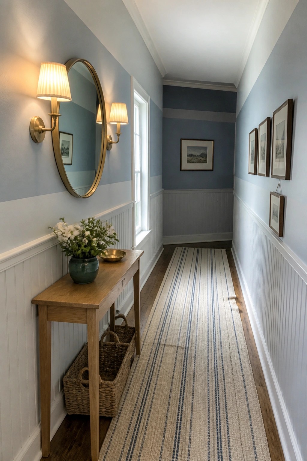 A narrow hallway with pale blue-gray paint above white wainscoting and a striped runner on the floor.