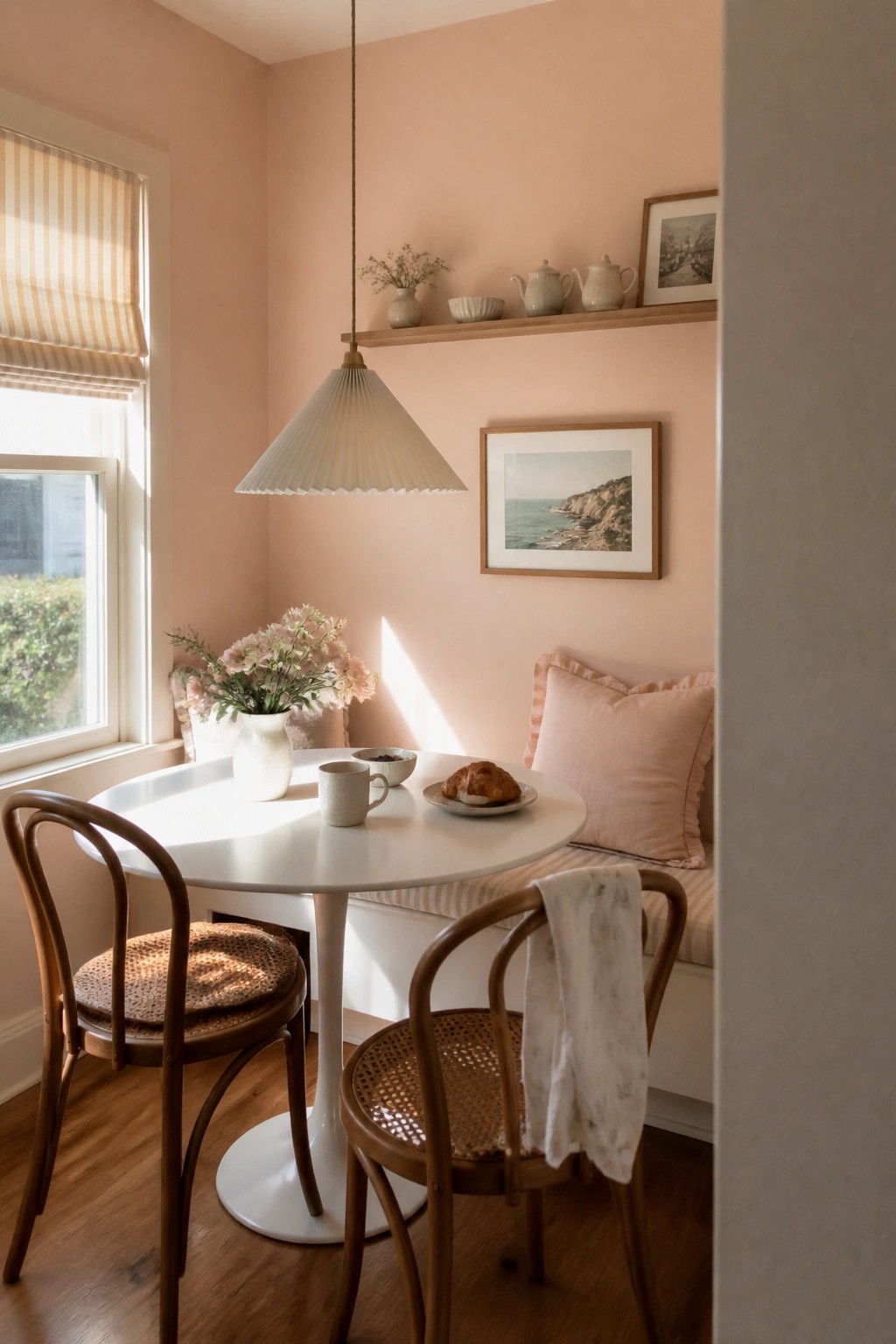 Small breakfast nook with soft peach walls, built-in bench, and round white table.