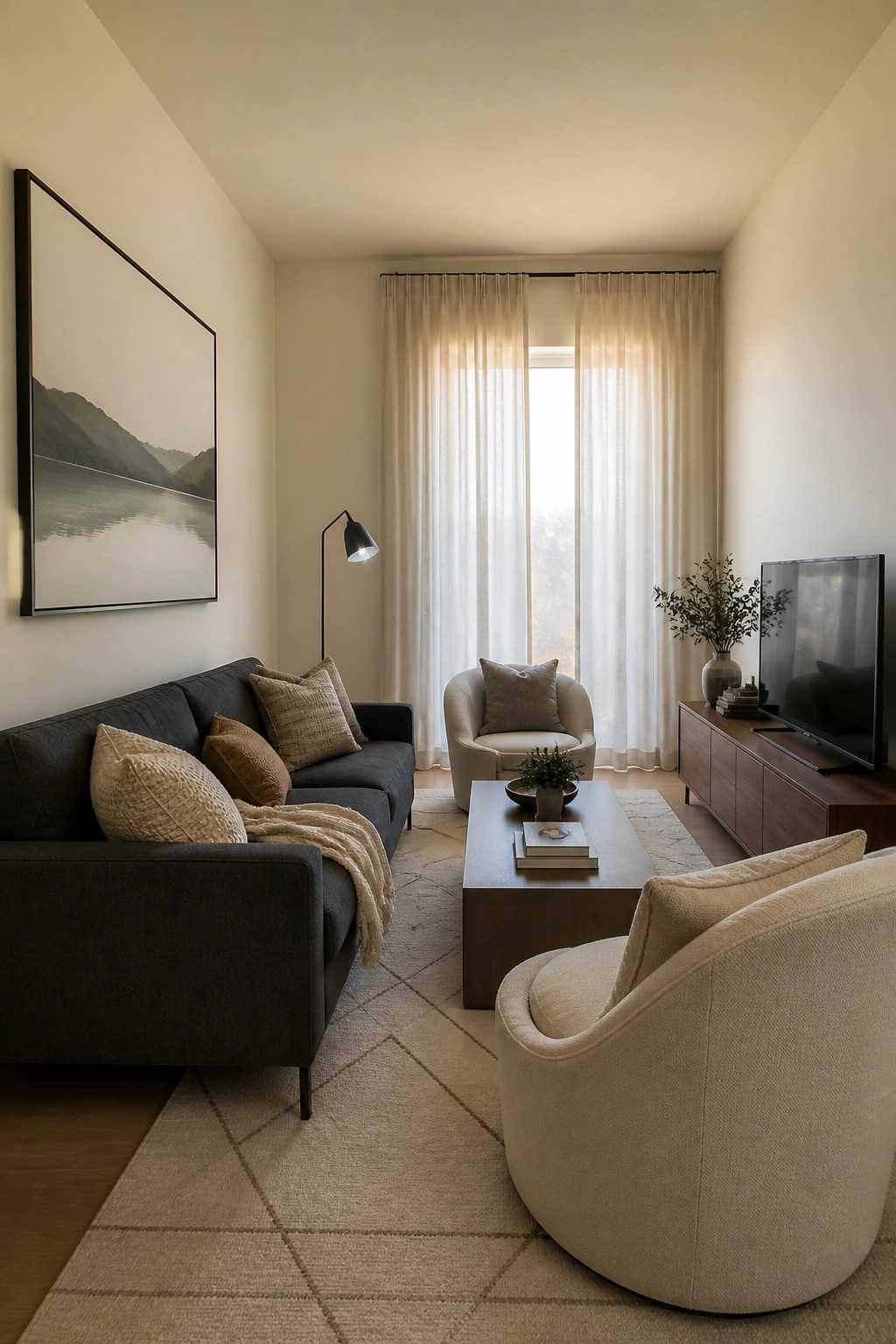 Modern living room with gray sofa, beige armchairs, wooden coffee table, and abstract art.