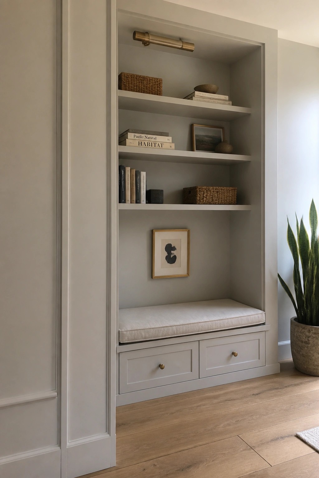 Built-in light gray shelves with books, decor, and cushioned storage bench seat