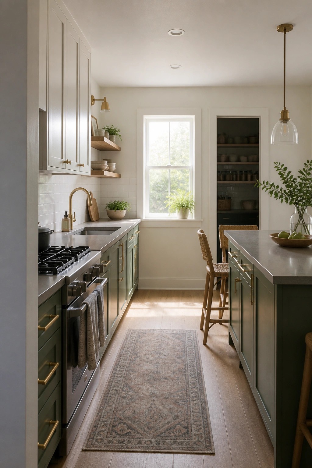 Modern kitchen with white and green cabinets, stainless range, island, stools, and runner rug