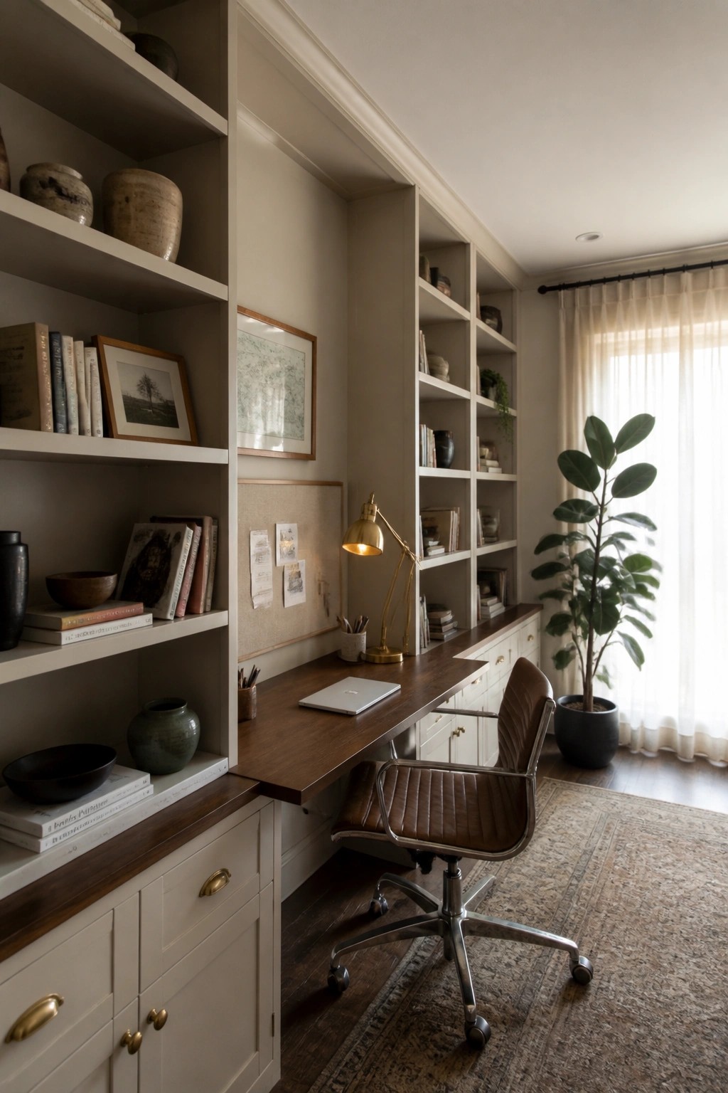 Cozy home office with built-in shelves, wooden desk, leather chair, and large plant.