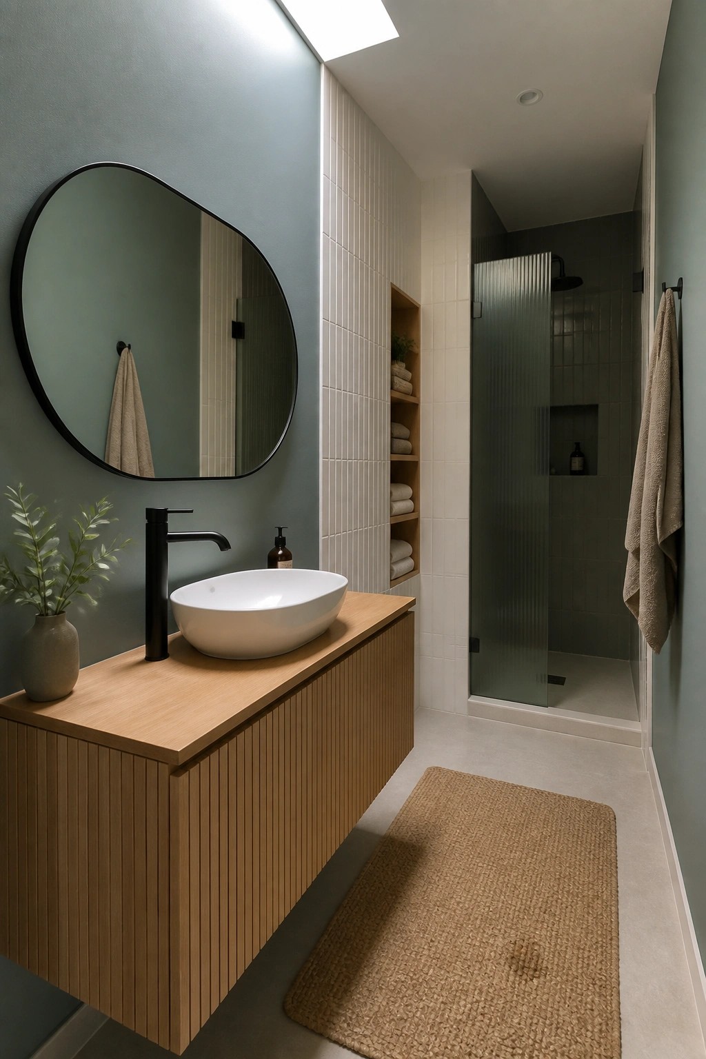 Modern bathroom with floating wood vanity, white vessel sink, round mirror, and tiled shower