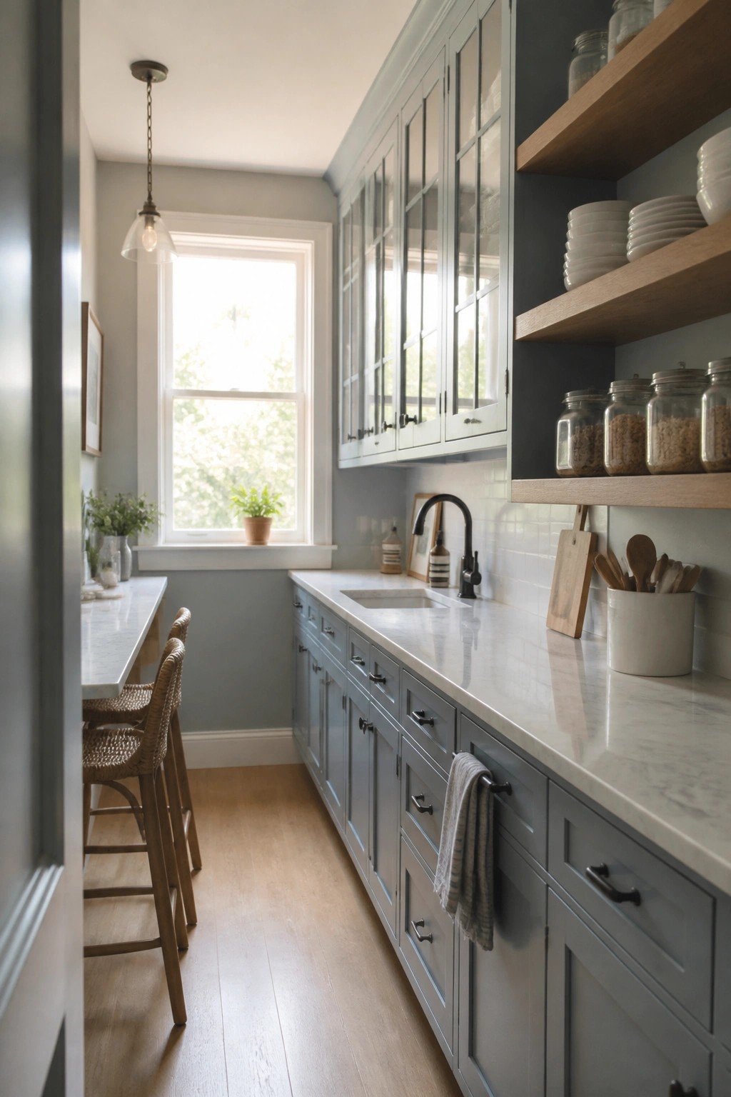 A narrow kitchen with soft blue gray cabinets and a long white countertop.
