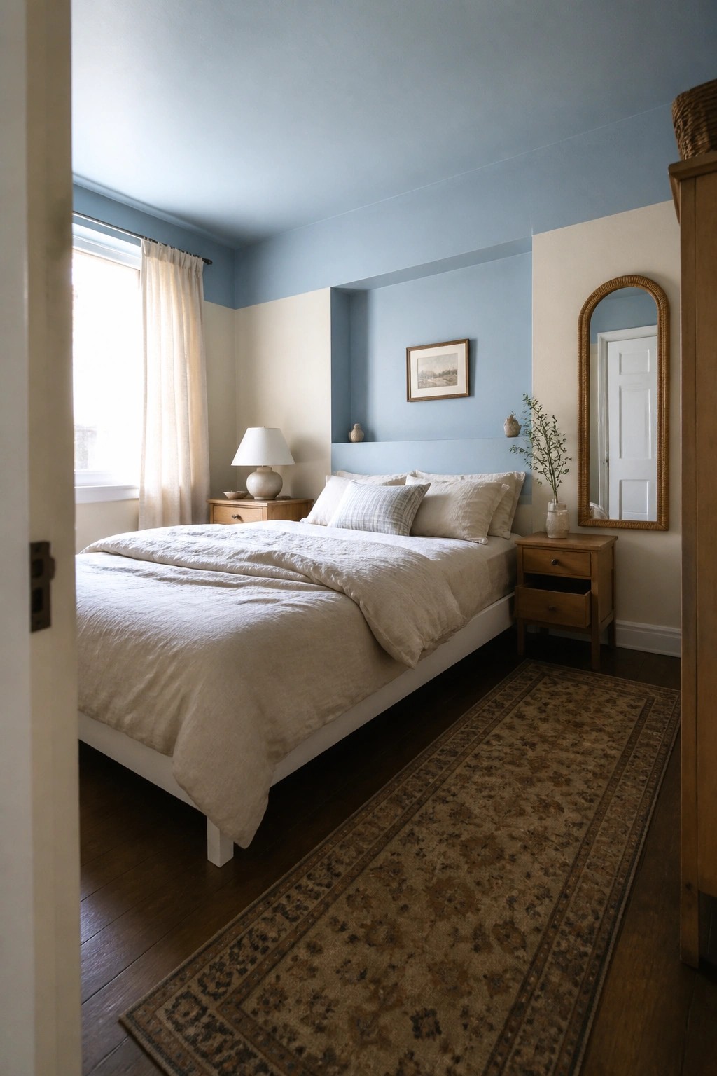 Light blue upper walls meet a neutral lower section in a bedroom with wood furniture.