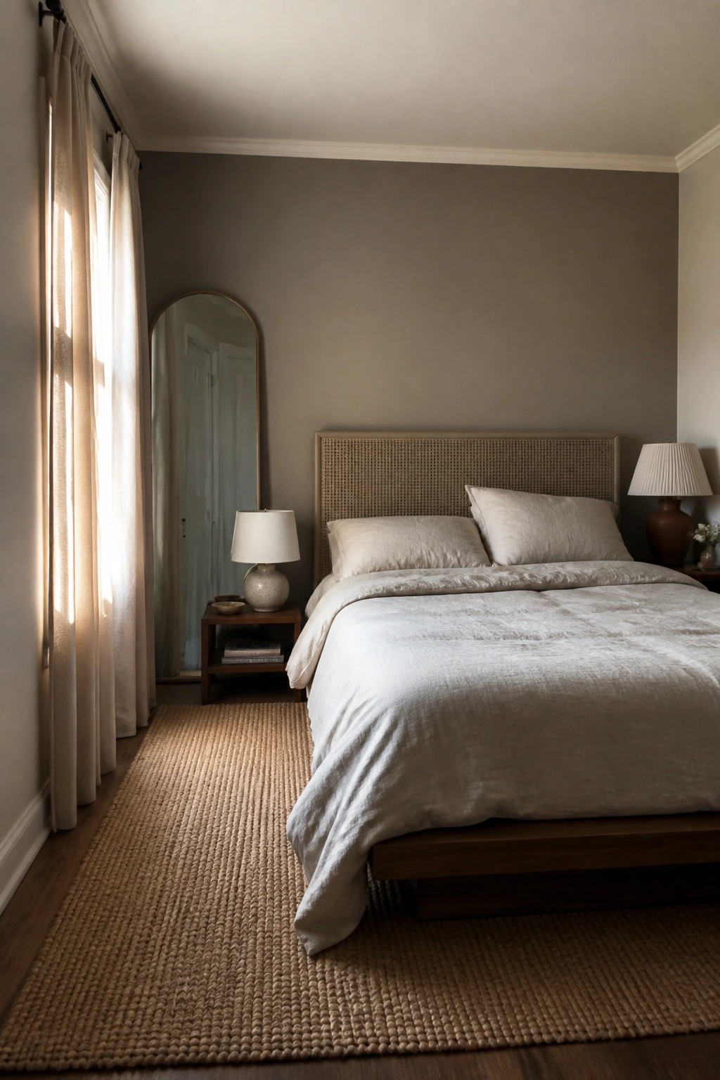 Bedroom walls painted in a soft greige neutral beside warm wood furniture.