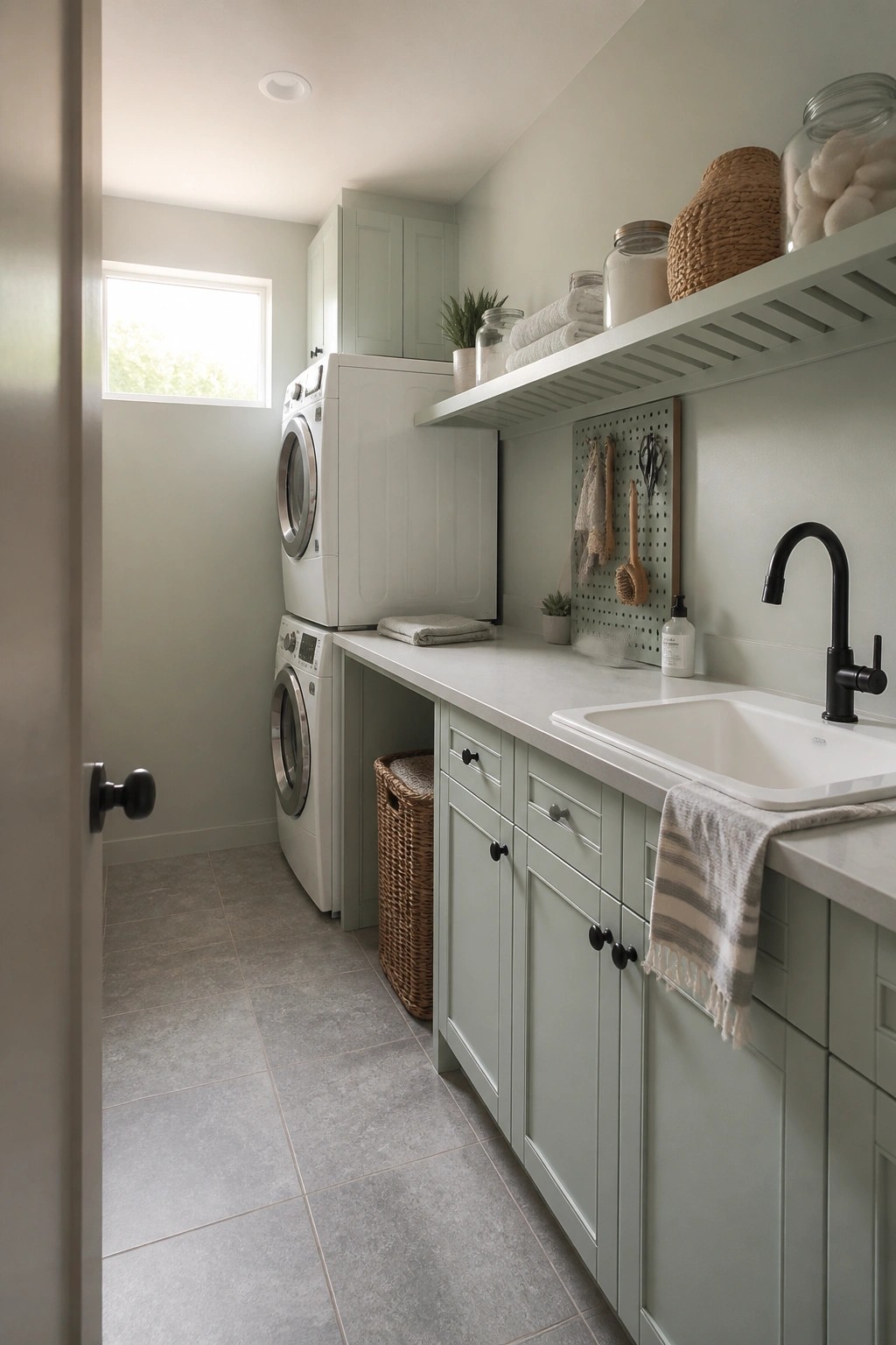 Soft sage green paint used on walls and cabinetry in a narrow laundry room.