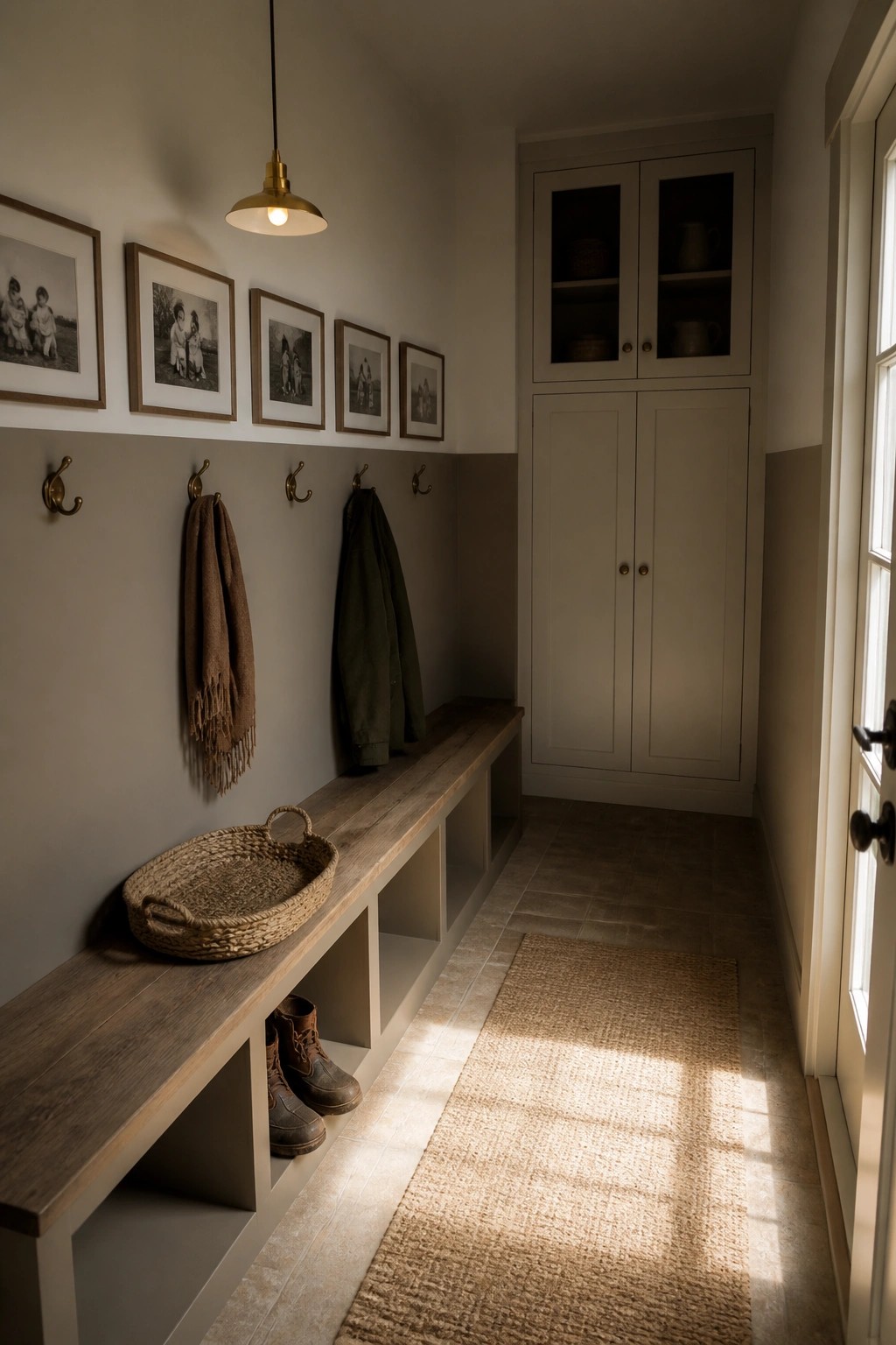 Narrow entry hallway with warm greige paint on the lower walls next to a wooden bench and white cabinet.