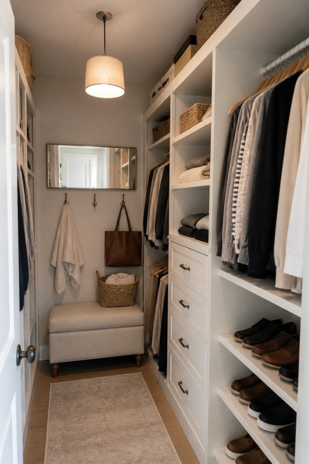 Narrow walk-in closet with soft warm white walls and white built-in shelving.