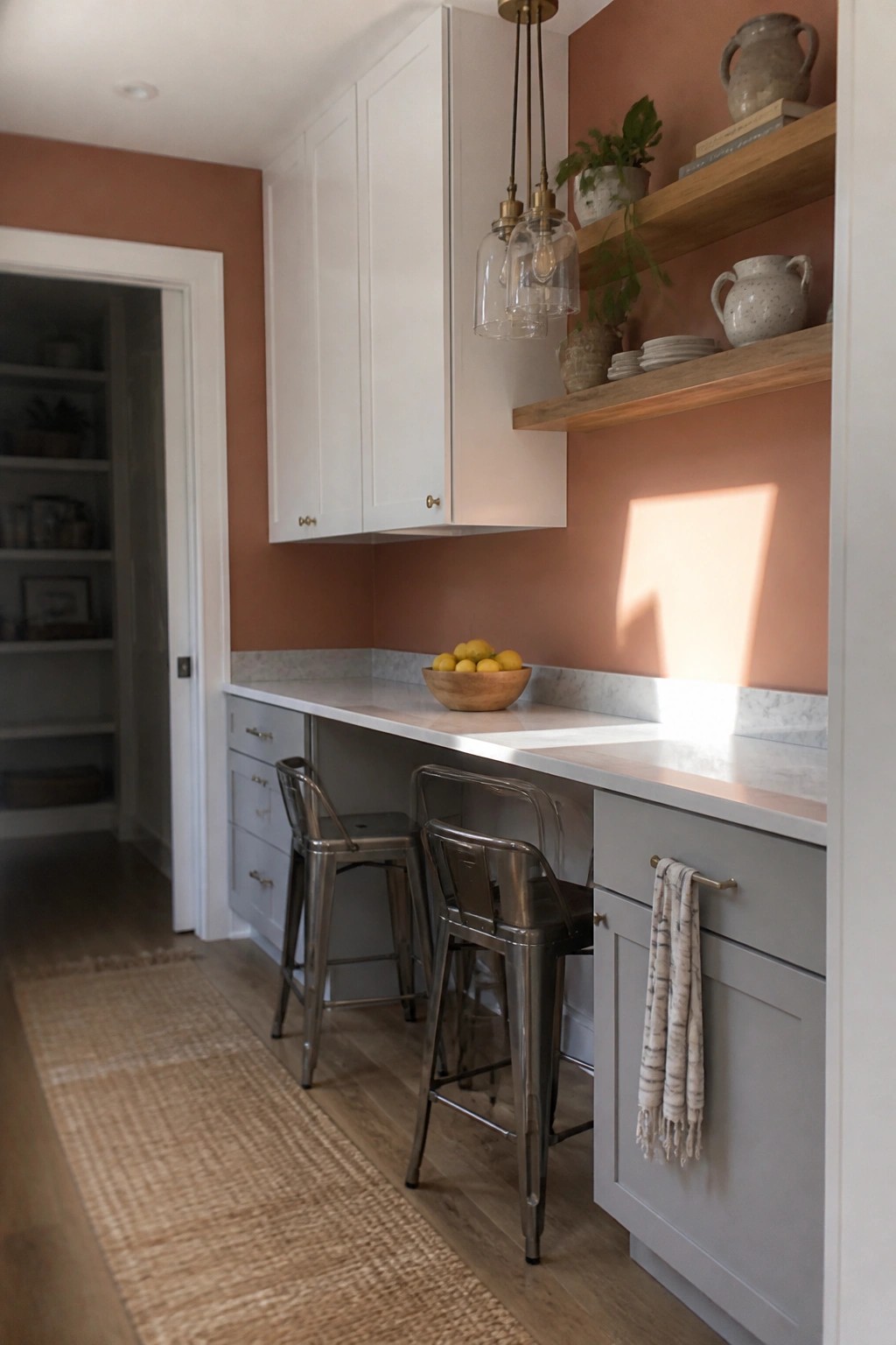 Modern kitchen with white cabinets, gray island, metal stools, and terracotta walls.