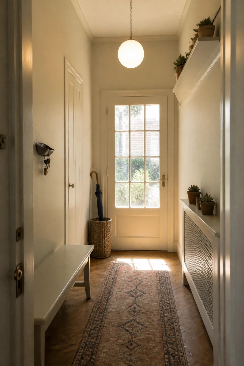 Sunlit narrow hallway with bench, umbrella basket, potted plants, and runner rug