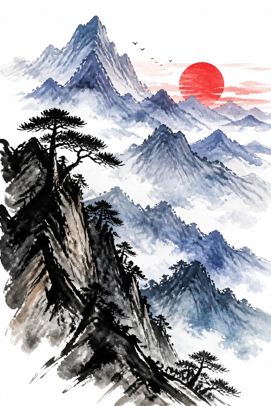 Watercolor landscape of jagged blue mountains with mist clouds a large red sun and black pine trees on rocky cliffs in the foreground