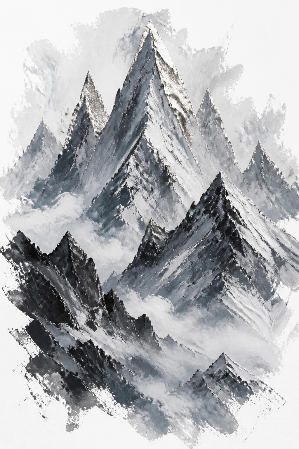 Abstract painting of layered jagged mountain peaks in black white and gray tones with misty clouds surrounding the summits and bold textured brushstrokes