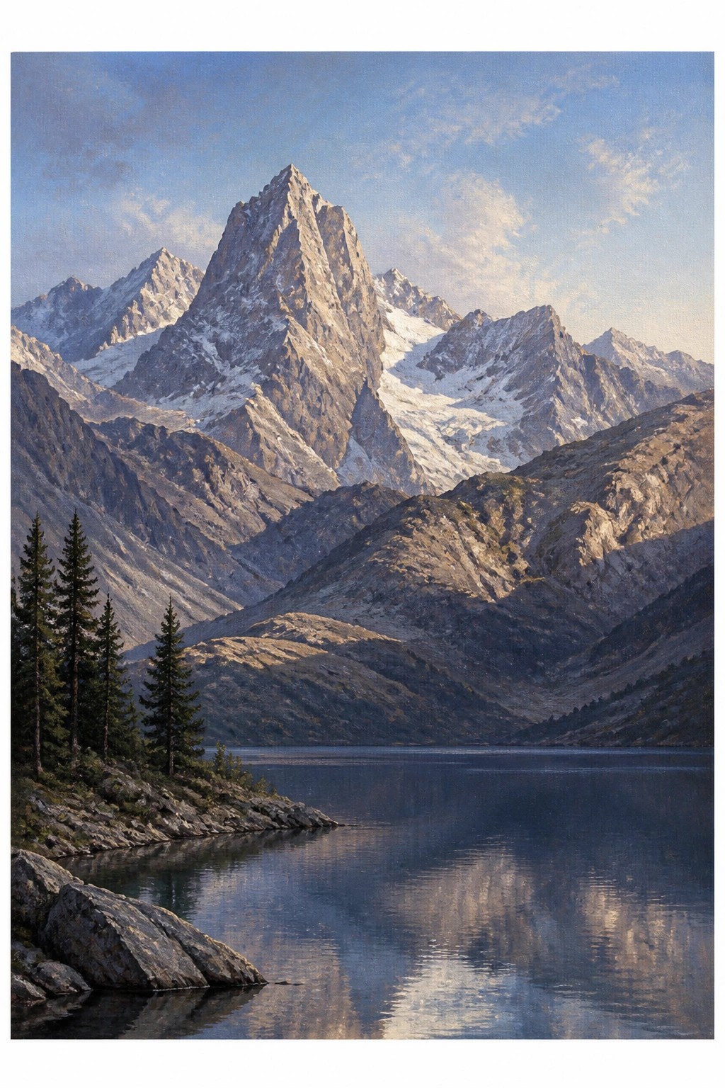 Realistic painting of sharp snow capped mountains reflected in a blue lake with pine trees on a rocky shore under a bright sky.