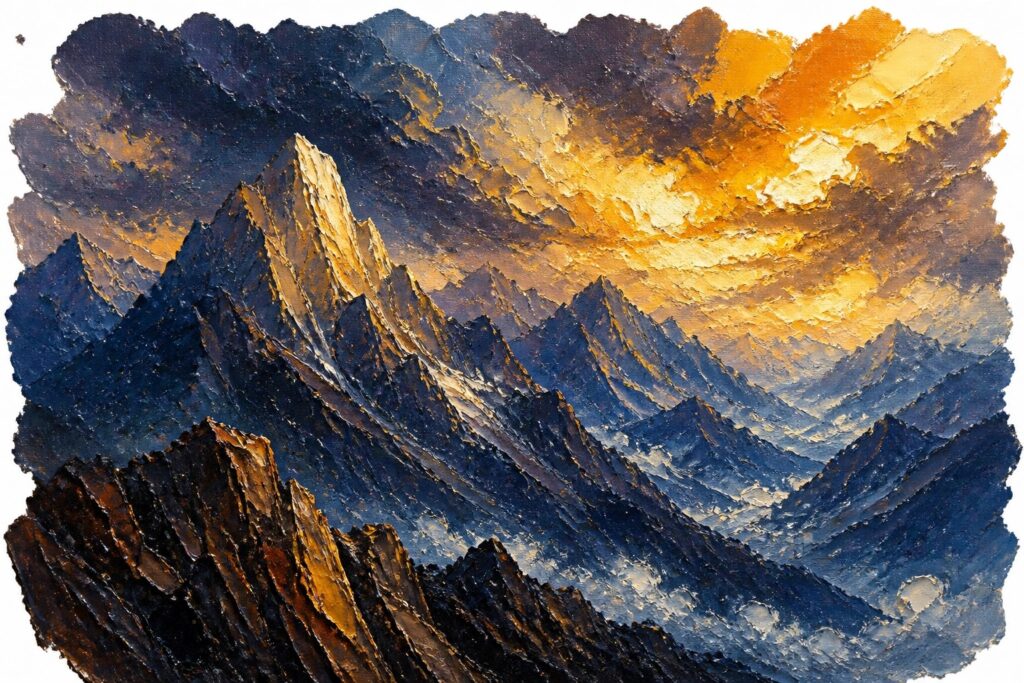 19 Dramatic Mountain Landscape Painting Ideas for Layered Peaks and Shadows Thickly textured oil painting of jagged dark blue mountains with bright golden sunlight illuminating the peaks against a warm sunset sky