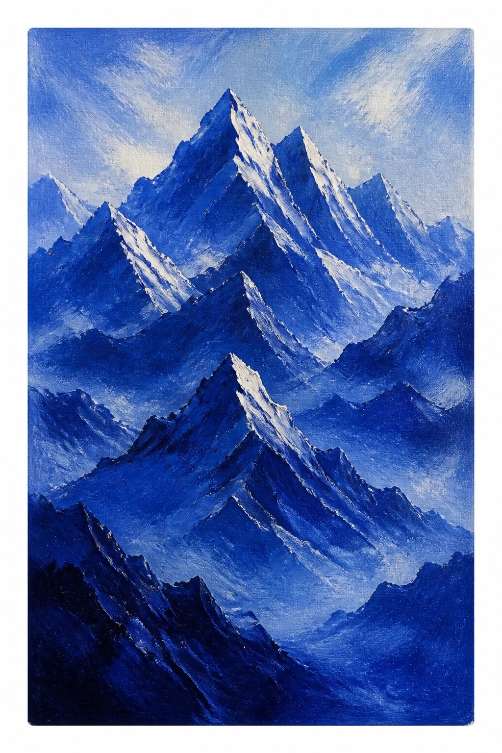A dramatic oil painting of layered blue mountain peaks with white snow caps and misty valleys under a pale sky.