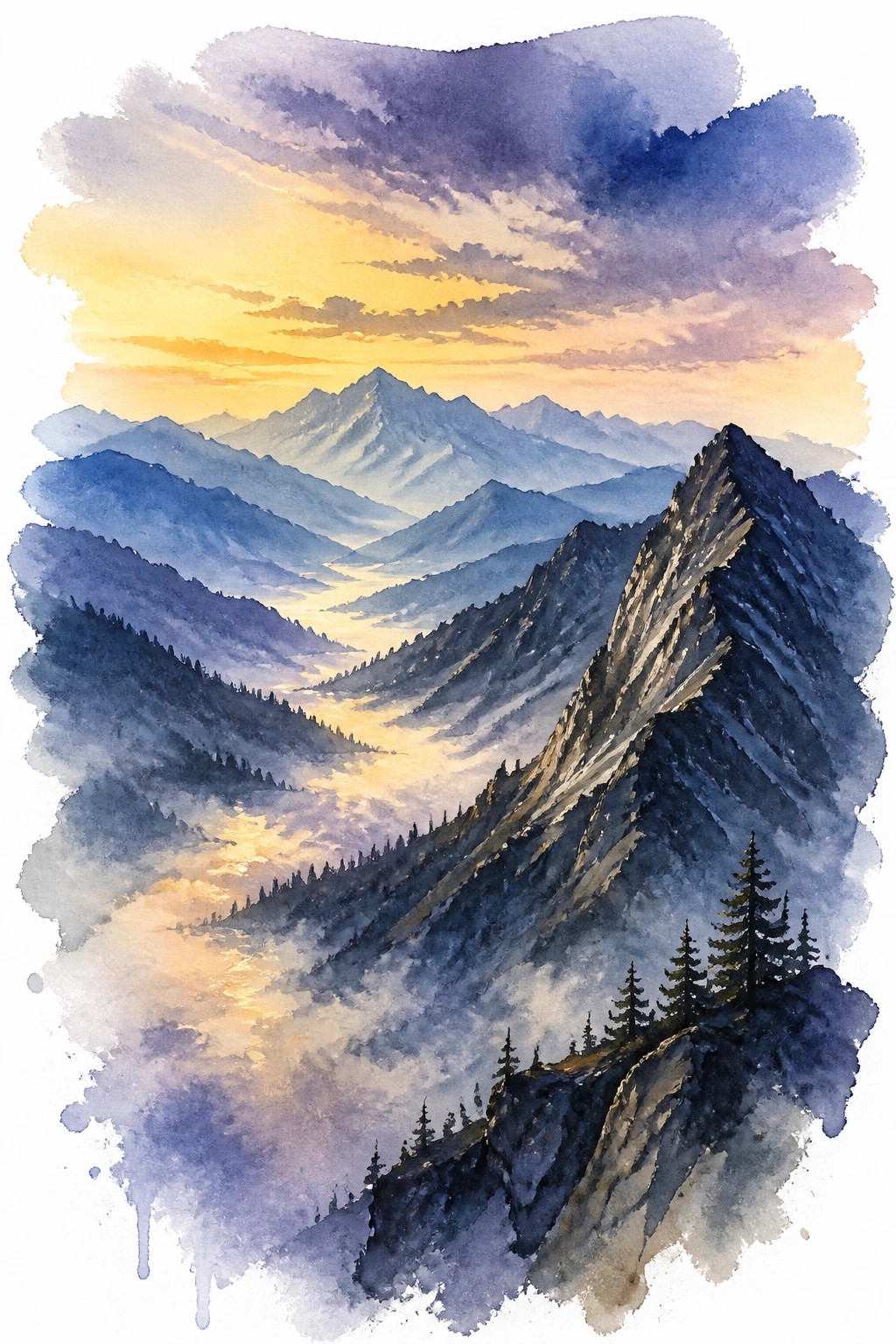 Watercolor landscape of layered mountain peaks at sunset with golden sky purple clouds misty valleys and dark pine trees on rocky ridges