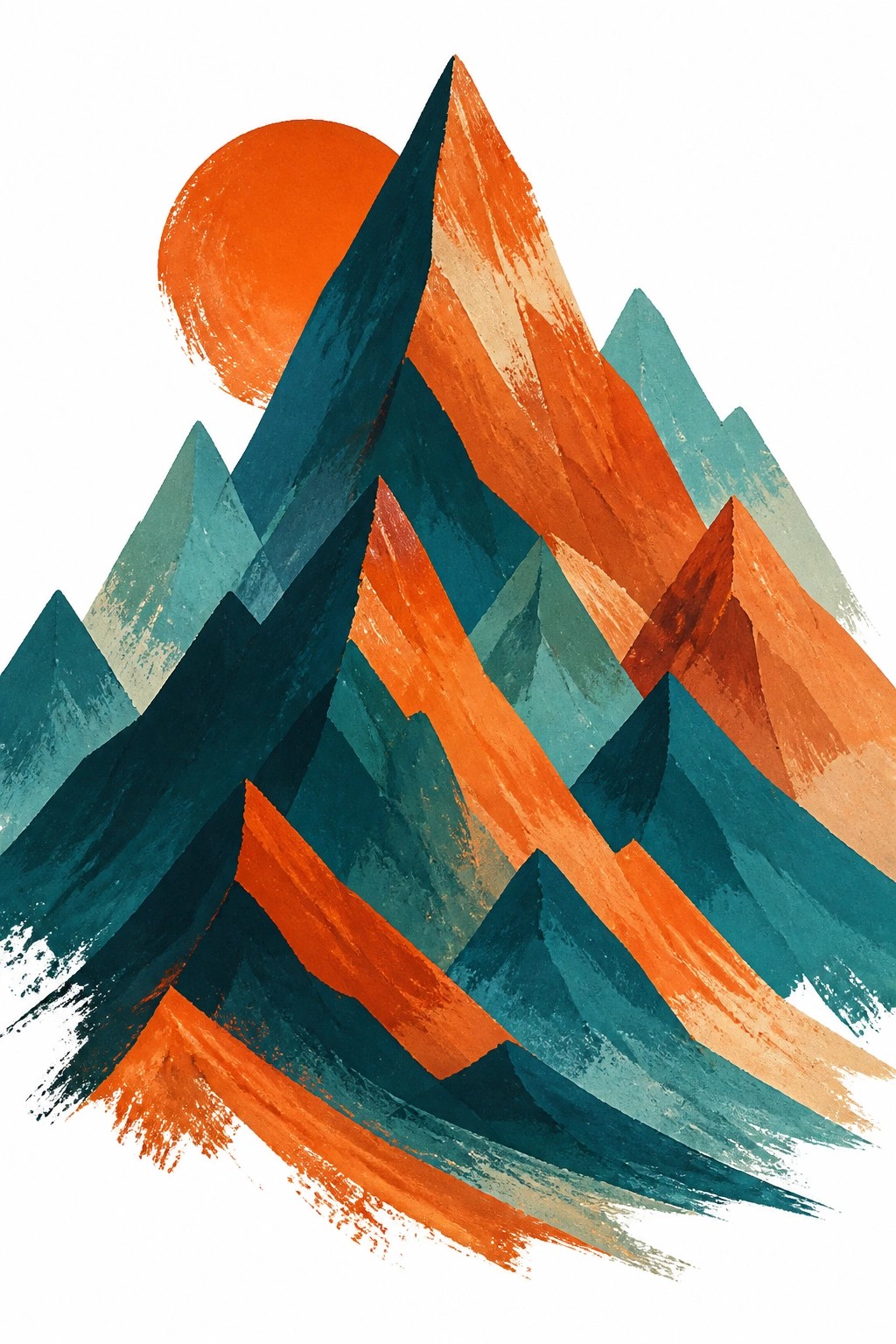 Stylized painting of jagged mountains in teal blue and orange tones with a large red sun against a white background.