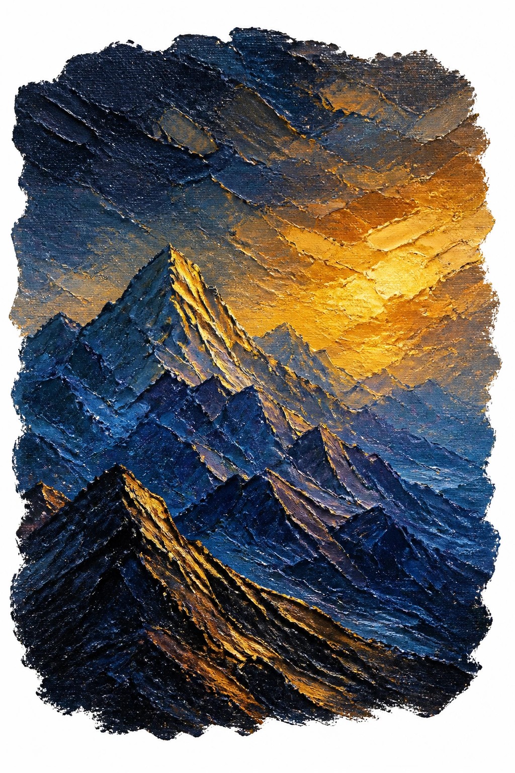 Thickly textured oil painting of jagged dark blue mountains with bright golden sunlight illuminating the peaks against a warm sunset sky