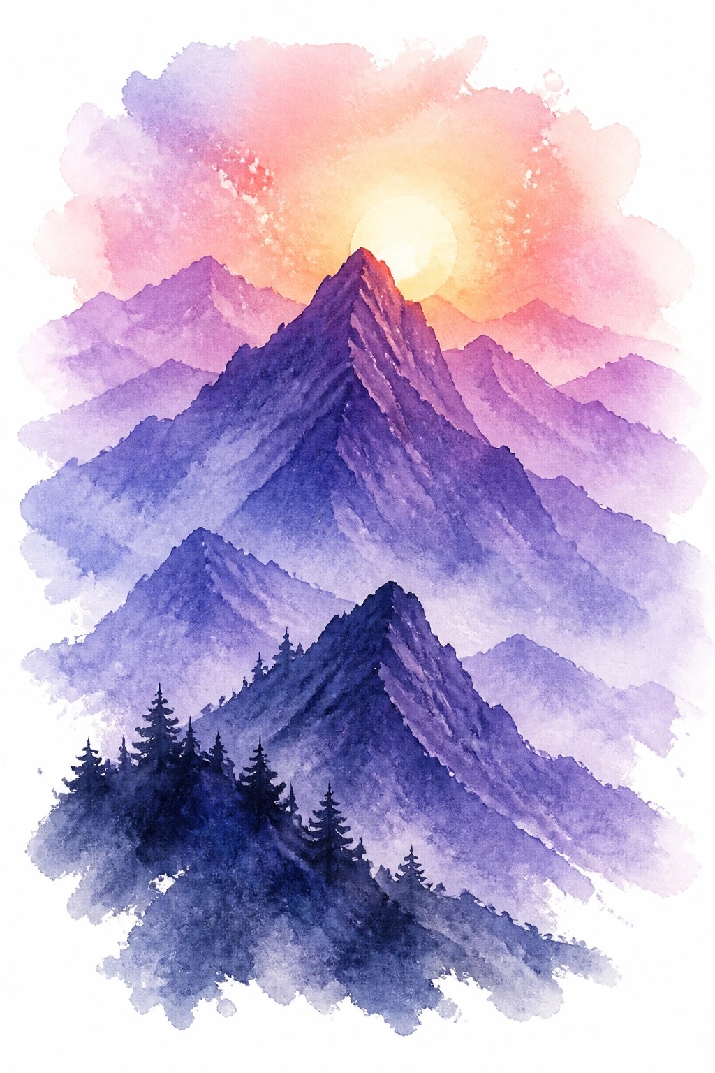 Watercolor painting of layered purple mountains with a glowing sun behind the peaks and dark pine trees in the foreground.