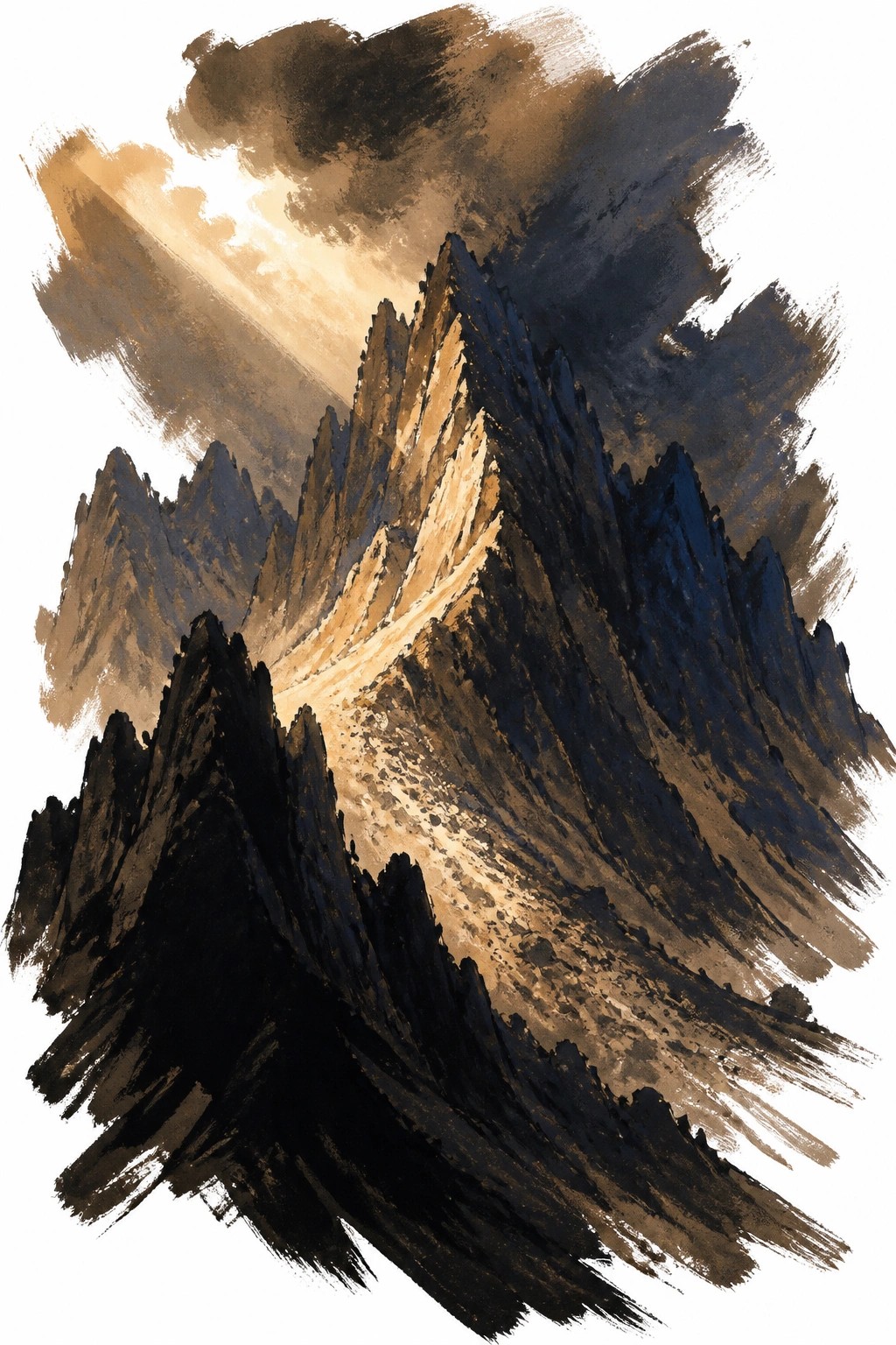 Dramatic painting of sharp mountain peaks with dark shadows and golden light breaking through heavy clouds.