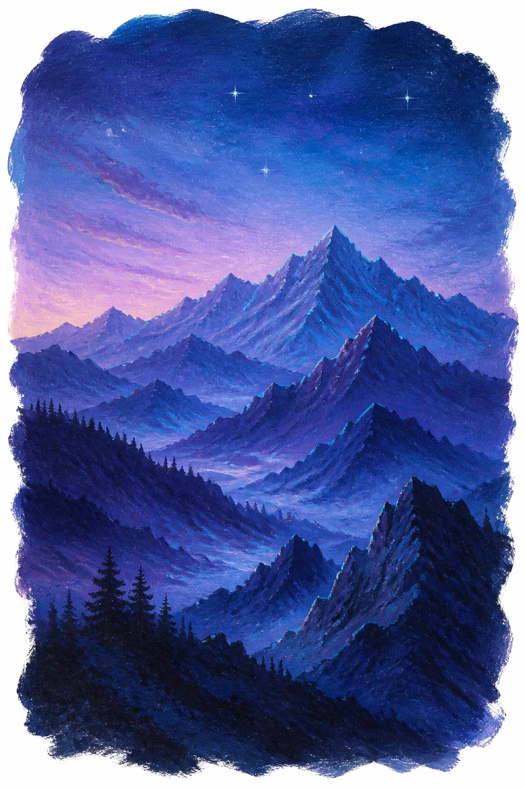 Layered mountain peaks in shades of blue and purple rise under a starry twilight sky with soft pink light on the horizon and silhouetted pine trees in the foreground.