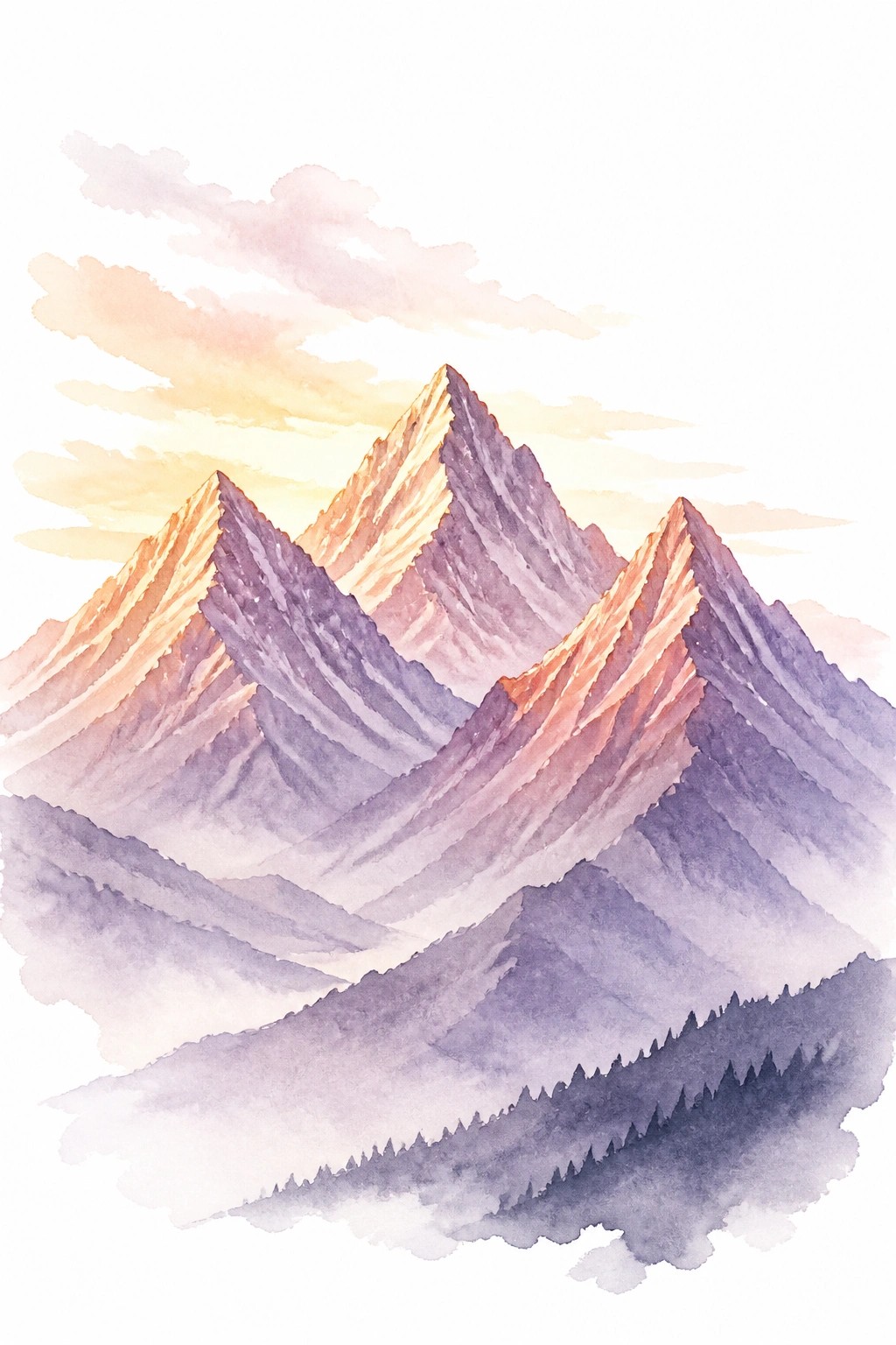 A watercolor painting of layered mountain peaks illuminated by warm sunrise colors with purple shadows and a dark forest silhouette at the base.