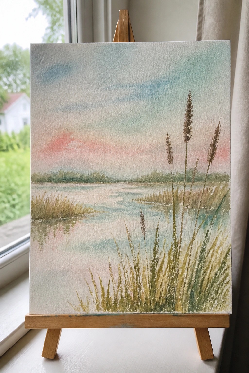 A watercolor landscape painting on an easel shows a body of water with tall reeds in the foreground and a soft pink and blue sky.