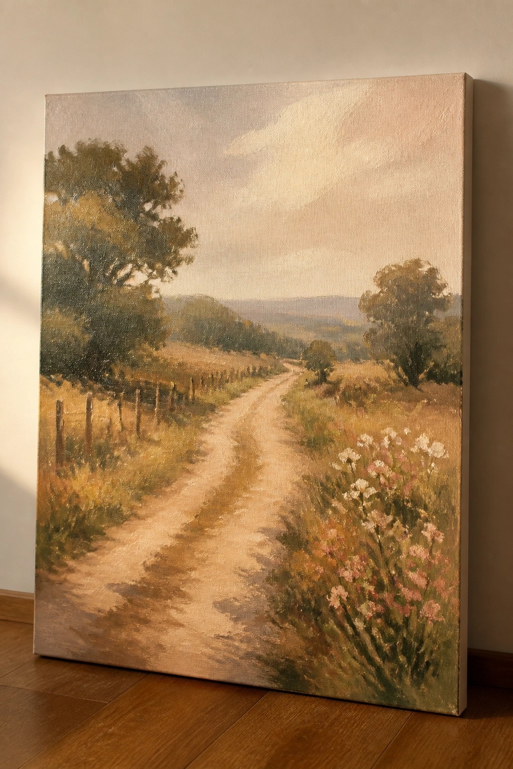 Winding dirt road through countryside fields with wildflowers, trees, and distant hills.