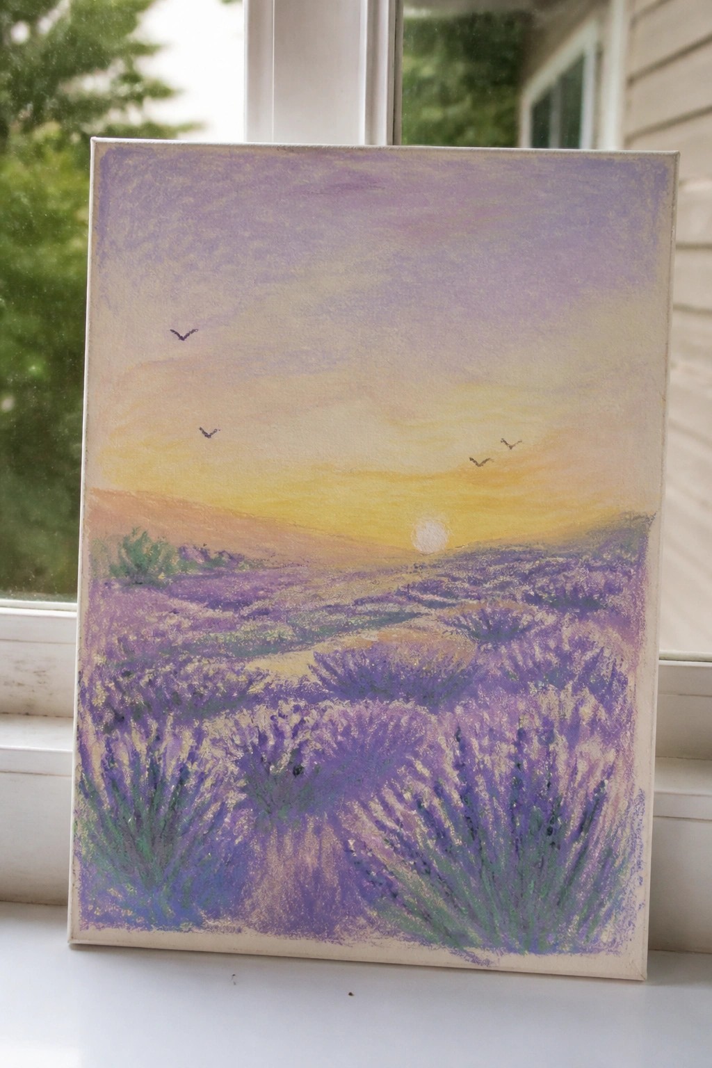 Pastel painting of purple lavender fields at golden sunset with birds in sky