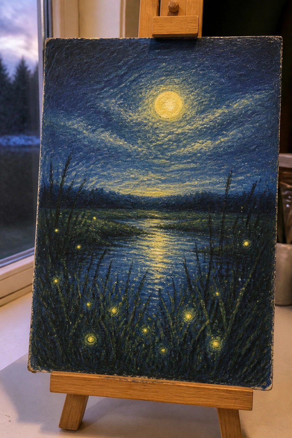 Painting on wooden easel of moonlit river with fireflies glowing in reeds