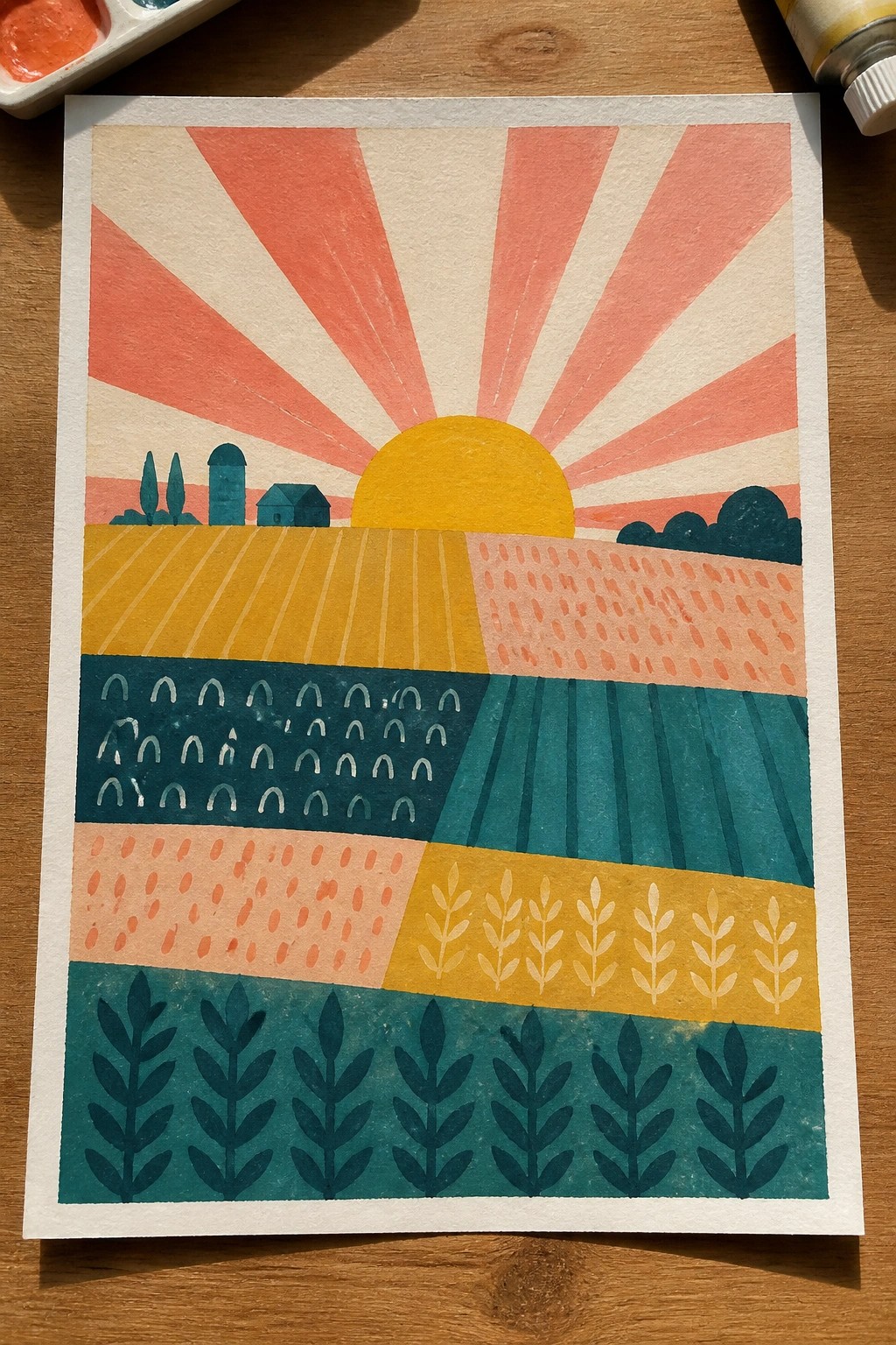 Stylized sunset over patchwork fields with silo, barn, and crop patterns
