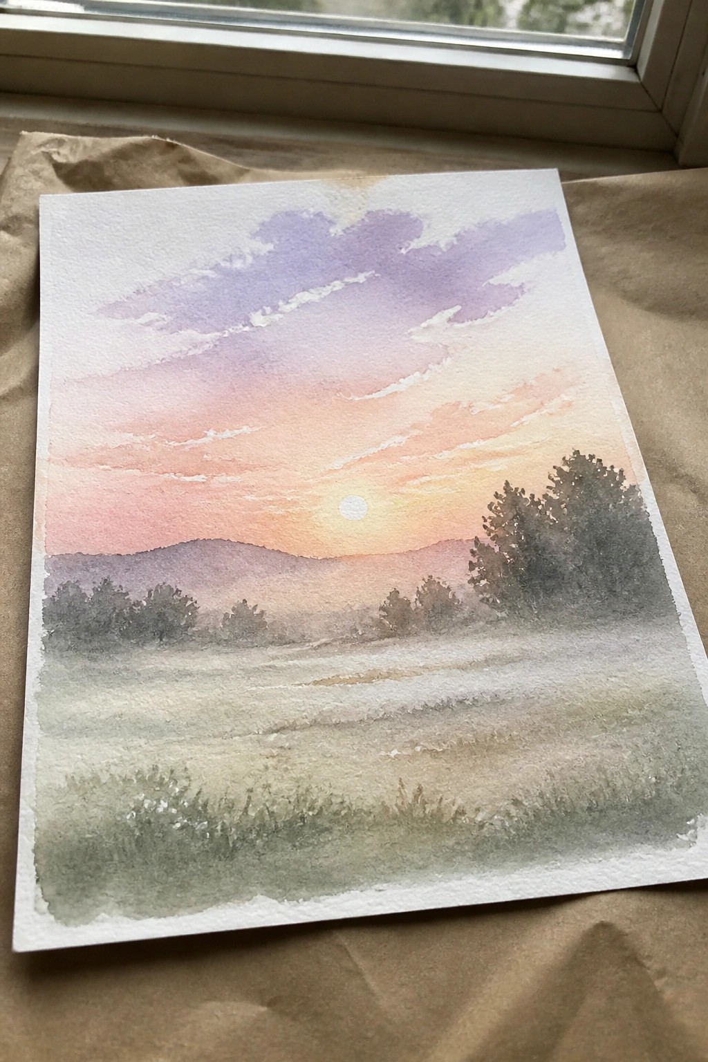 Watercolor sunset landscape with purple-pink clouds over misty hills and silhouetted trees.
