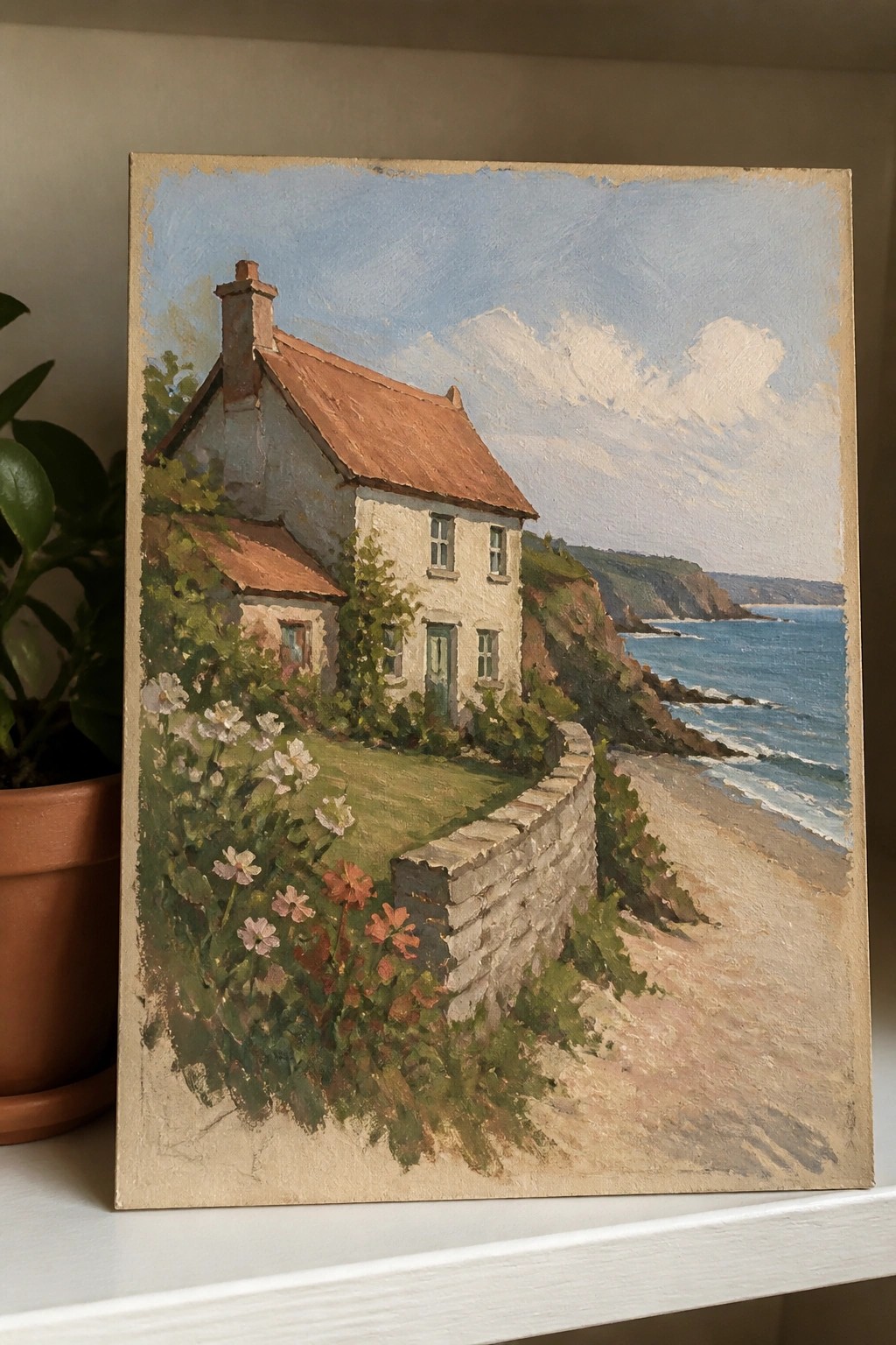 Oil painting of white seaside cottage with red roof, stone wall, flowers by blue ocean.