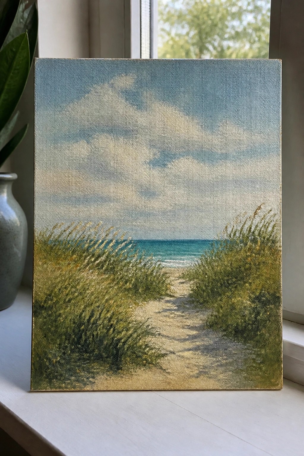 Canvas painting of sandy path through grassy dunes to blue ocean on windowsill.