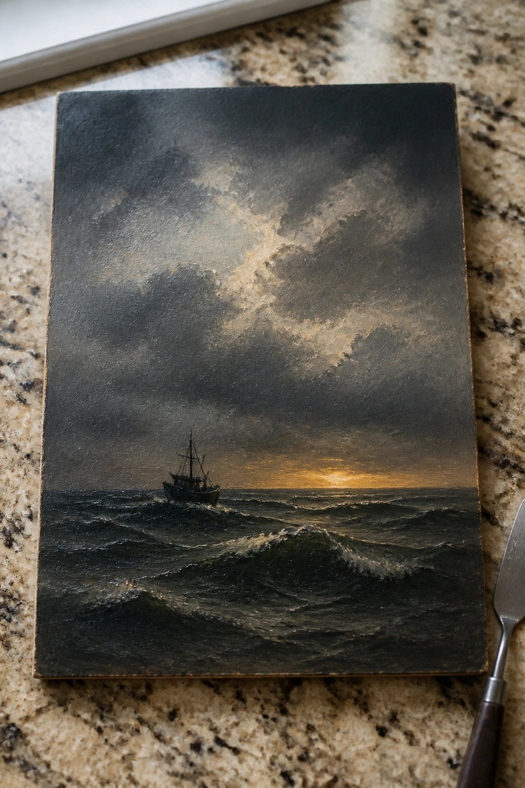 Dark seascape painting of boat on waves at sunset beside palette knife on granite